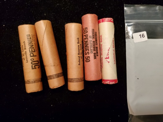 Five Original bank Wrapped BU Penny Rolls