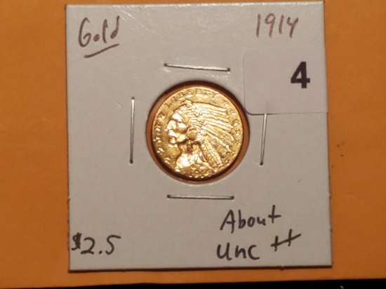 GOLD! 1914 Incuse Indian $2.5 gold Quarter Eagle in About Uncirculated ++