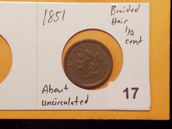 1851 Braided Hair Half Cent in About Uncirculated