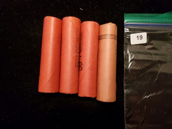 Four Original Bank Wrapped BU Rolls of Lincoln Cents