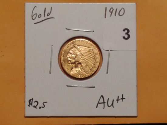 GOLD! 1910 gold Incuse Indian $2.5 quarter eagle in About Uncirculated ++