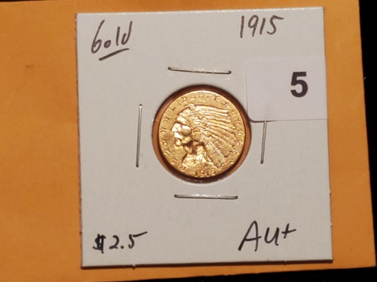 GOLD! 1915 Incuse Indian $2.5 quarter eagle in About Uncirculated +