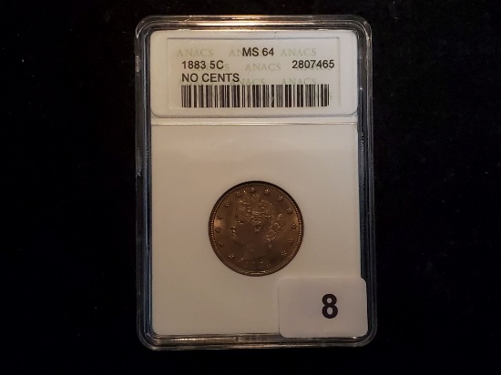 * KEY DATE * ANACS 1883 No Cents Liberty "V" Nickel Mint State 64