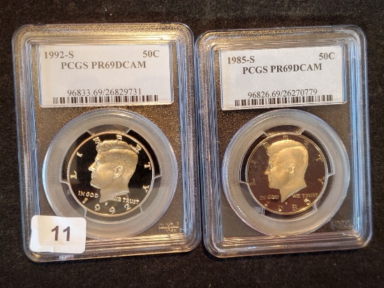 PCGS 1992-S and 1985-S Proof 69 Deep Cameo Kennedy Half Dollars