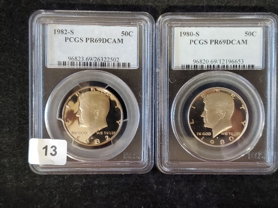 PCGS 1982-S and 1980-S Proof 69 Deep Cameo Kennedy Half Dollars