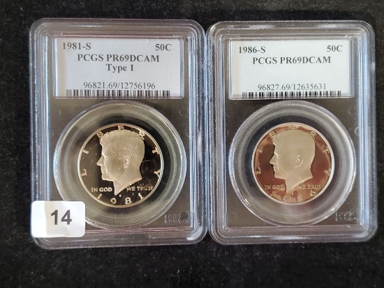 PCGS 1981-S Type 1 and 1986-S Proof 69 Deep Cameo Kennedy Half Dollars