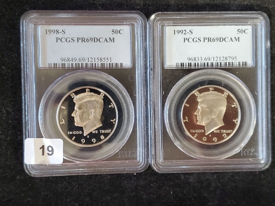 PCGS 1998-S and 1992-S Proof 69 Deep Cameo Kennedy Half Dollars