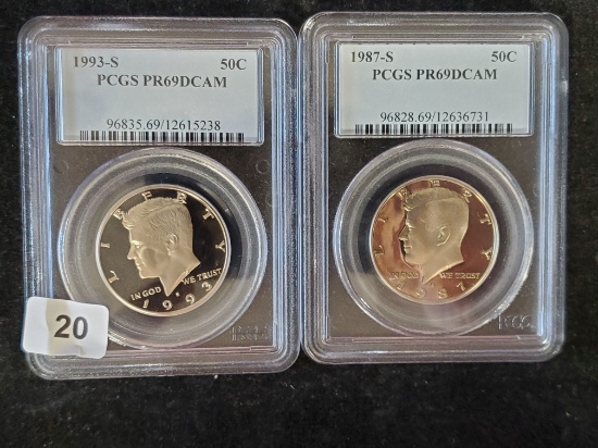 PCGS 1993-S and 1987-S Proof 69 Deep Cameo Kennedy Half Dollars