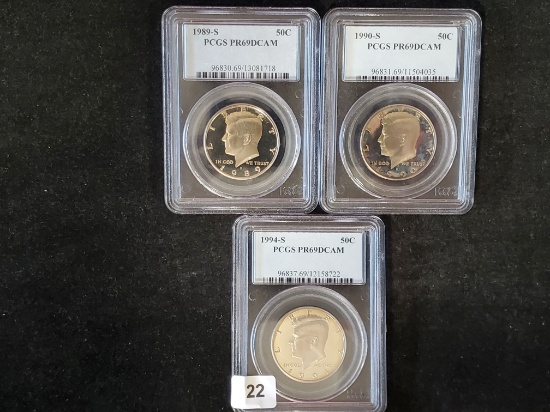 PCGS 1989-S, 1990-S, and 1994-S Proof 69 Deep Cameo Kennedy Half Dollars