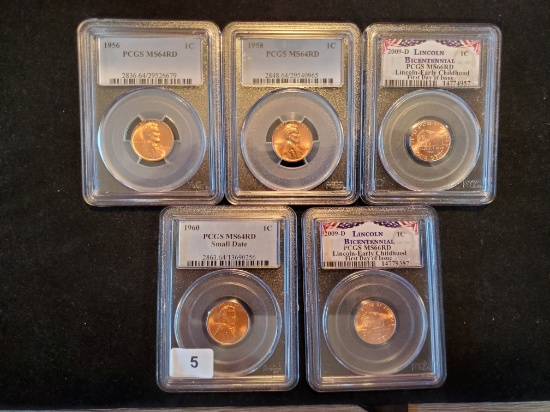 Five Bright Red PCGS-slabbed Lincoln Cents