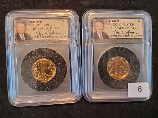 Two Gold-plated, slabbed, Buffalo Nickels