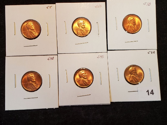 Six GEM Brilliant Uncirculated RED Wheat cents