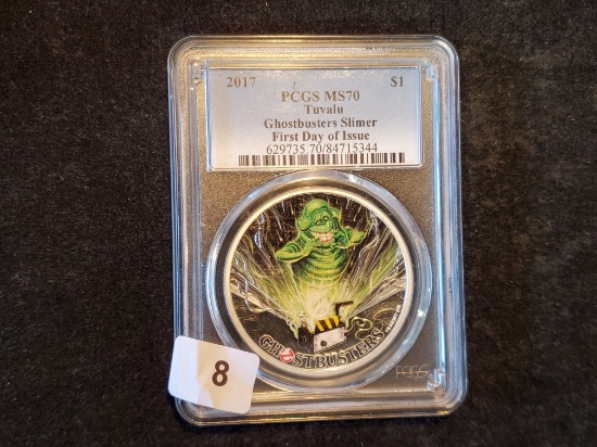 * COOL * PCGS 2017 Tuvalu Silver Dollar GHOSTBUSTERS SLIMER Mint State 70!