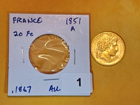 GOLD! Purty 1851 France 20 francs in About Uncirculated