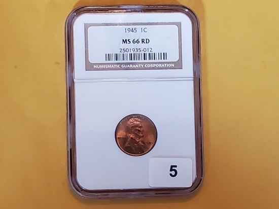 GEM! NGC 1945 Wheat Cent in Mint State 66 RED
