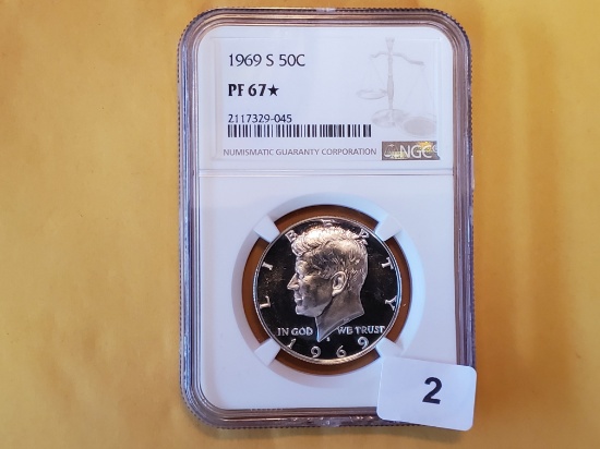 NGC 1969-S silver Kennedy half Dollar in Proof 67 STAR