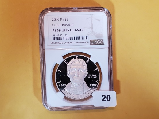 NGC 2009-P Louis Braille Proof 69 Ultra Cameo Commemorative Silver Dollar