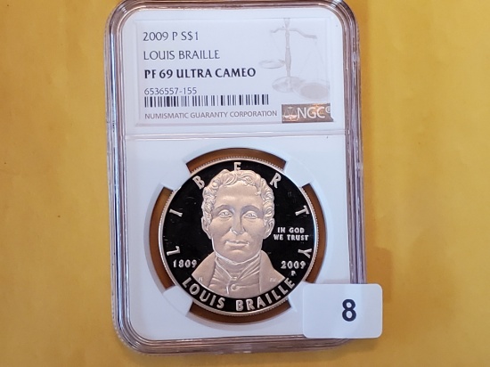 NGC 2009-P Louis Braille Proof 69 Ultra Cameo Commemorative Silver Dollar