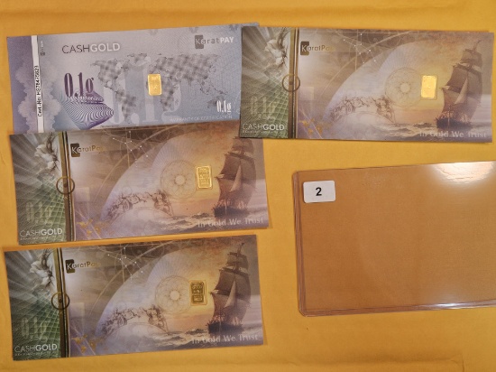 GOLD! Four CashGold .1 gram .9999 fine gold bars inlaid in polymer notes