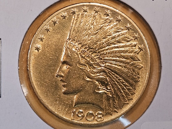 GOLD! Bright 1908 Indian Head $10 Eagle in About Uncirculated plus