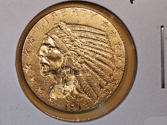 GOLD! Brilliant About Uncirculated plus 1913 Indian Gold $5 Half-Eagle