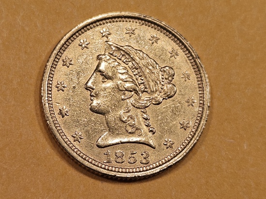 GOLD! Brilliant About Uncirculated plus - details 1853 gold Liberty Head $2.5 Quarter Eagle