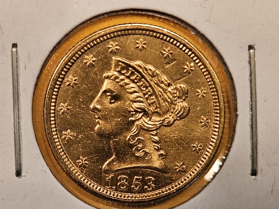 GOLD! Brilliant Uncirculated 1853 Liberty Head Gold $2.5 Quarter Eagle