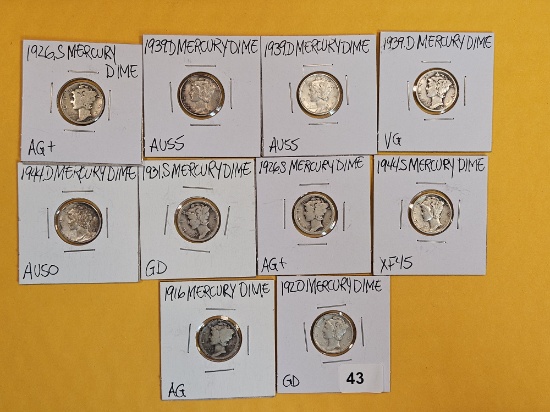 Ten mixed silver Mercury Dimes