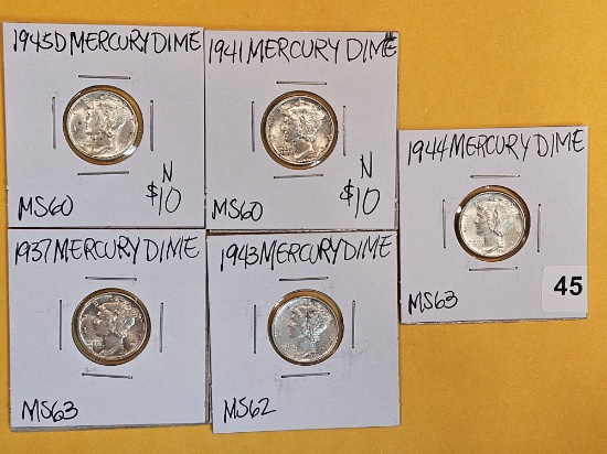 Five Brilliant Uncirculated silver Mercury Dimes