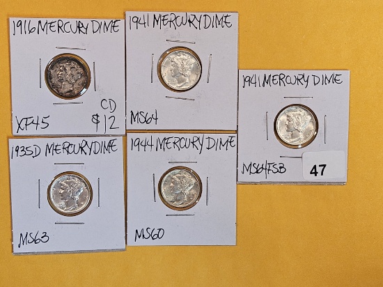 Five Brilliant silver Mercury Dimes