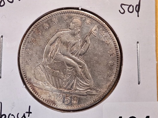 Bright About Uncirculated 1858 Seated Liberty Half Dollar