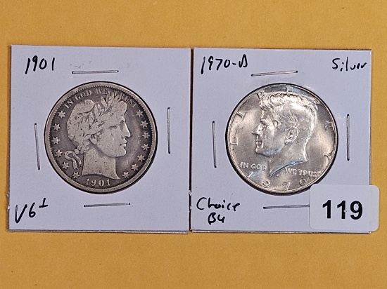 1901 Barber and 1970-D Kennedy silver half dollars