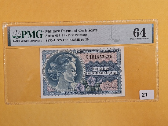 * Scarcer! PMG Series 692 Military Payment Certificate in Choice 64 Uncirculated