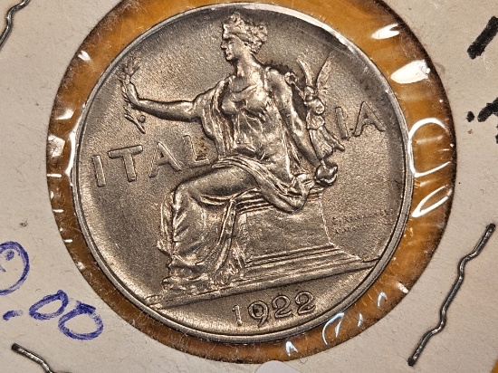 About Uncirculated 1922 Italy 1 lire