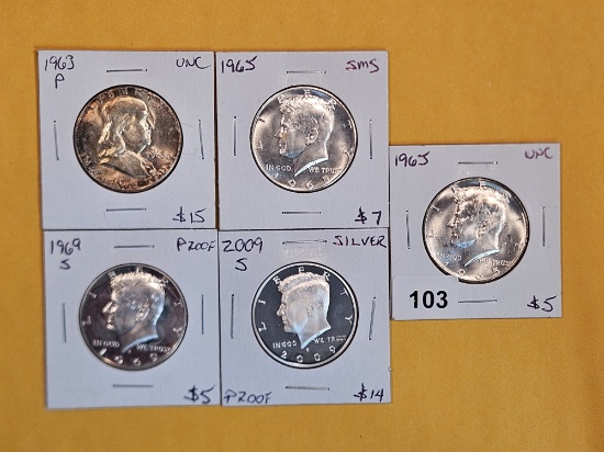 Five nice, mixed, silver Half Dollars