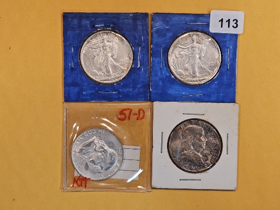 Four mixed About Uncirculated to Uncirculated silver half dollars