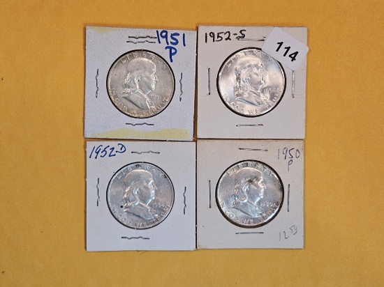 Four AU to Choice Brilliant Uncirculated silver Franklin Half Dollars