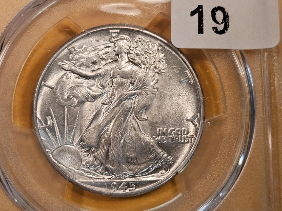 PCGS 1945 Walking Liberty Half Dollar in About Uncirculated 58