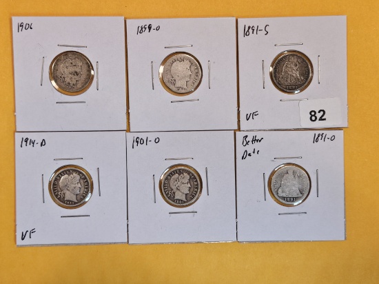Six nicer mixed, silver Dimes
