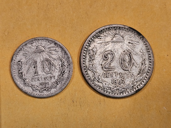 1906 and 1907 Mexico silver 10 and 20 centavos