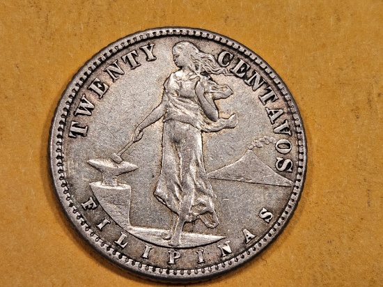 Bright, About Uncirculated 1913 Philippines 20 centavos