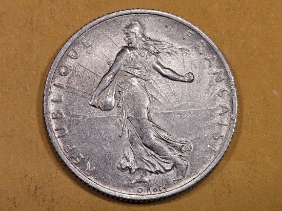 1917 France silver 2 francs in About Uncirculated
