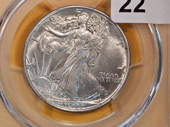 PCGS 1943 Walking Liberty Half Dollar in About Uncirculated 55