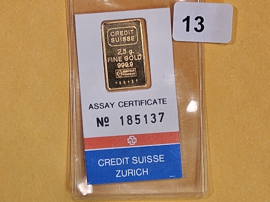 GOLD! CREDIT SUISSE Gold 2.5 gram .9999 fine gold bar