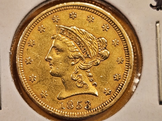 GOLD! Brilliant About Uncirculated 1853 Gold Liberty Head $2.5 Quarter eagle