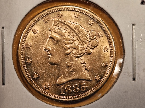 GOLD! Brilliant About Uncirculated plus 1885-S Liberty Head GOLD Five Dollars