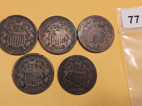 Five mixed Two Cent pieces