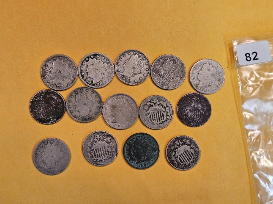 Fourteen mixed Shield and Liberty Nickels
