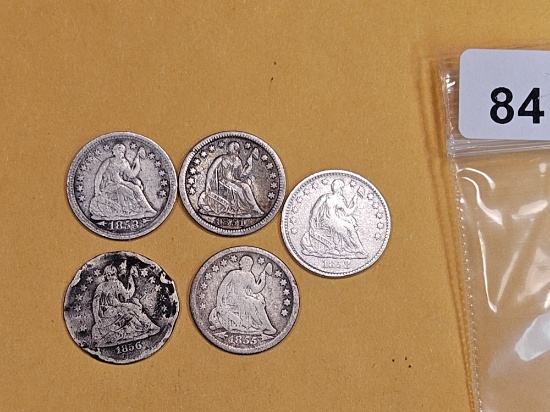 Five Mixed Silver Seated Liberty Half-Dimes