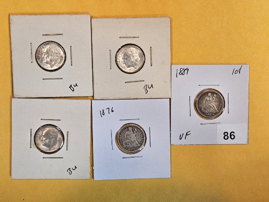Five mixed silver dimes